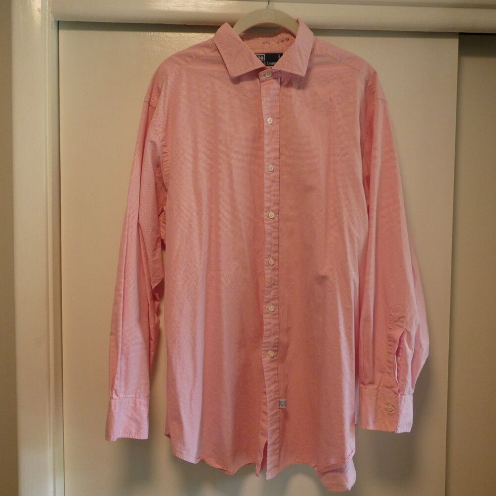 Vintage Polo Ralph Lauren Pink Gingham Dress Shirt 17-33 90s Made Singapore